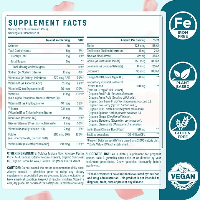 Prenatal Gummies Sugar Free 180 Count - Organics Prenatal Vitamins for Women with Folate DHA &amp Probiotics - Iron Free Prenatal Vitamin Gummies for Immune &amp Digestive - 2 Bottles