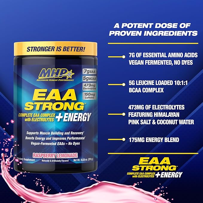 Maximum Human Performance EAA Strong + Energy EAA Supplement All 9 EAAs BCAAs Electrolytes Coconut Water Pre-Workout Enhances Muscle Building Performance Caffeine Raspberry Lemonade 30 Serve
