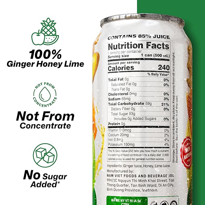 VINUT Ginger Honey &amp Lime Juice 85% Juice No Added Sugar Not From Concentrate 16.9 fl oz (500 mL) Can Pack of 6
