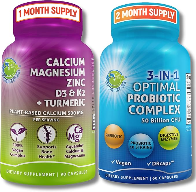 Bone Health &amp Gut Support Bundle – 3-in-1 Probiotic 50 Billion CFU Prebiotic and Digestive Enzymes + Plant-Based Calcium Magnesium Zinc D3 K2 &amp Organic Turmeric – Vegan Non-GMO Clean La