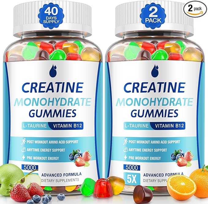 Creatine Gummies for Men &amp Women - Creatine Monohydrate Gummies 5g Muscle Builder Energy Boost &amp Pre-Workout Supplement Low Sugar Taurine Chewable Gummy 2 Pack