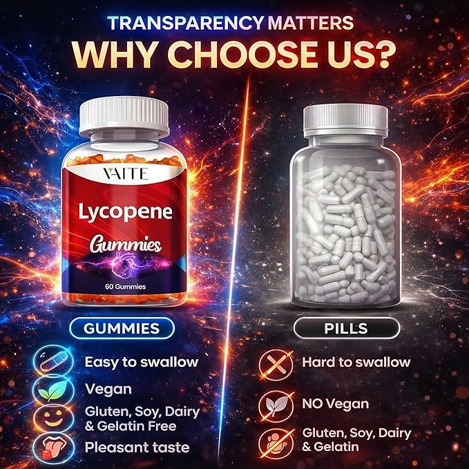 VAITE Lycopene Supplements for Men &amp Women 75mg Gummies - Antioxidant | General Wellness | Supports Skin &amp Vision | Daily Vitality | Plant-Based Sugar-Free 60 Vegan Gummy Chews Non-GMO Che