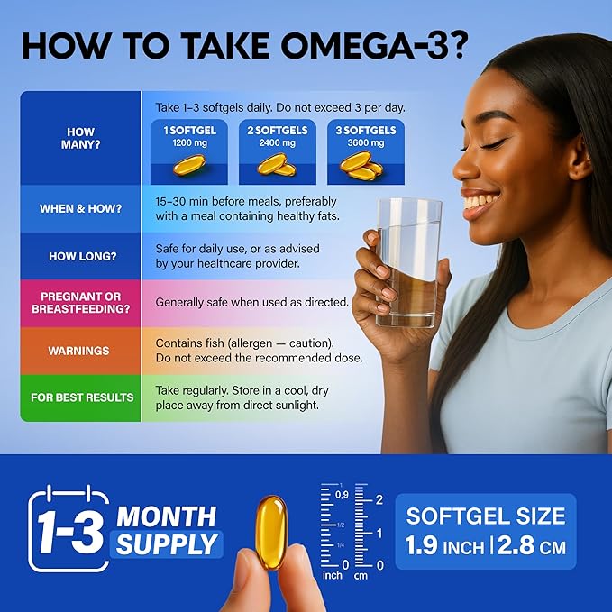 Omega 3 Fish Oil 3600 mg - Omega 3 Supplement | EPA &amp DHA - Heavy Metals Free - Heart Brain &amp Joint Support - Purified Fish Oil for Men &amp Women - Lemon Flavored - Made in USA 90 Softgels