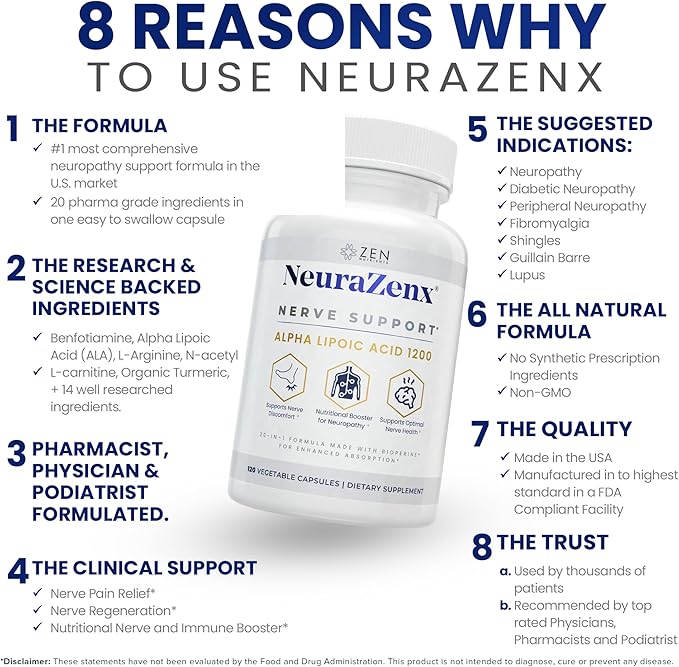 Zen Nutrients NeuraZenX Nerve Support &amp Peripheral Neuropathy Support Supplement with 1200mg Alpha Lipoic Acid (ALA) Benfotiamine L-Carnitine and Turmeric