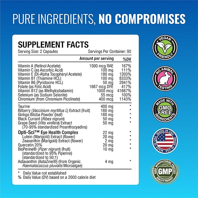 Approved Science EyeSyl - Eye Support Supplement - Chromium Picolinate Taurine Lutein Zeaxanthin Bilberry BioPerine - 2 Bottles - 360 Capsules - Made in USA