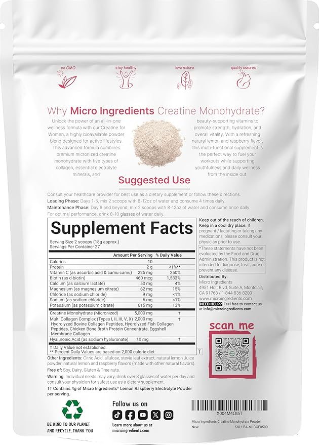 Micro Ingredients Creatine for Women | 5000mg Micronized Creatine Monohydrate Powder + Multi Collagen Electrolytes Biotin Vitamin C &amp Hyaluronic Acid | Lemon Raspberry | Sugar-Free Non-GMO