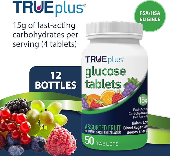 TRUEplus Glucose Tablets Chewable Grape Raspberry Orange Flavors 15g Fast-Acting Carbohydrates Fat Free Gluten Free Raise Low Blood Sugar and Boost Energy 50 Count 12 Bottles