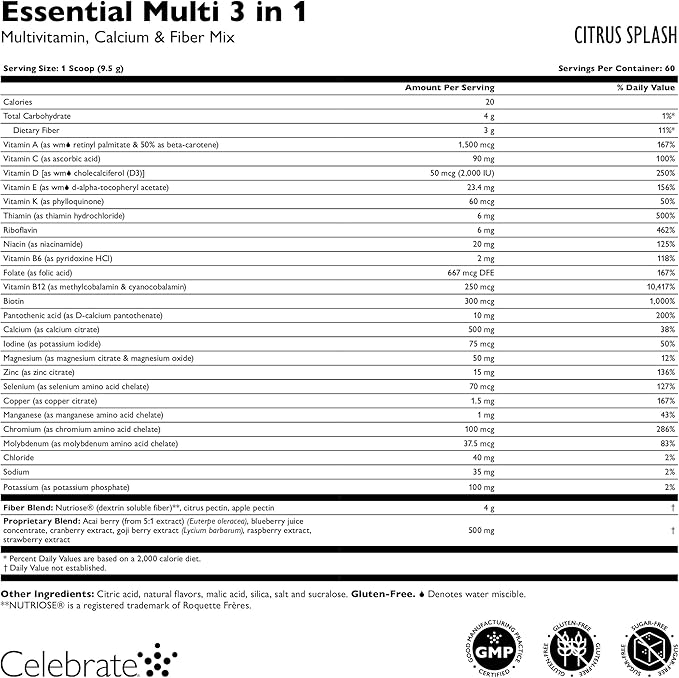 Celebrate Vitamins 3-in-1 Bariatric Multivitamin with Calcium Citrate Drink Mix - 500mg Calcium Gluten Free Sugar Free - Powder Blend for Post Bariatric Surgery - Citrus Splash (60 Servings)