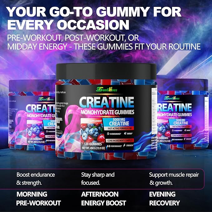 Creatine Monohydrate Gummies 5g (5000mg) Sugar-Free Creatine Pre-Workout Energy Veg Non-GMO for Men &amp Women - 120 Count Cherry Flavor with Blueberry Flavor