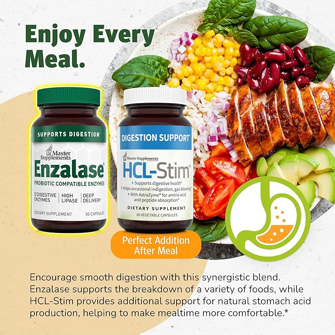 Master Supplements Enzalase - 50 Capsules - Probiotic Compatible Enzymes - Provides Digestive Boost + Gas &amp Bloating Relief - Gluten Free - 50 Servings