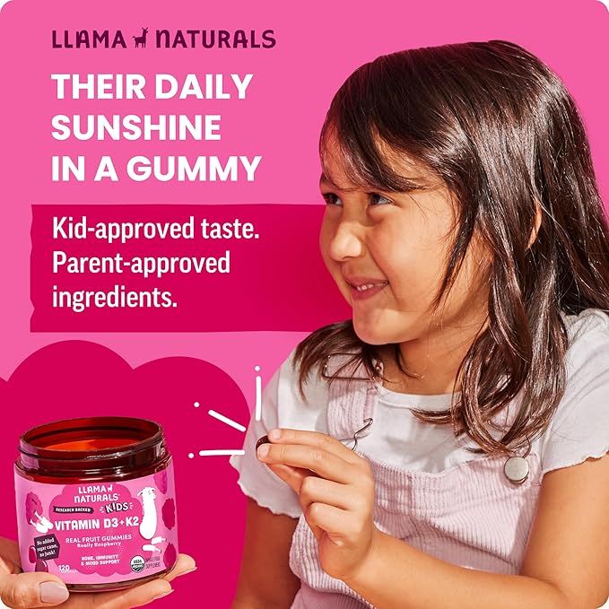 Llama Naturals Kids Vitamin D3 K2 Gummies Vegan Organic Children Toddler Vitamin D Gummies Real Fruit Gummy Vitamins No Added Sugar Cane Raspberry 60 Ct