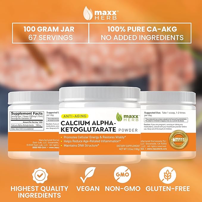 Maxx Herb Calcium Alpha - Ketoglutarate (Ca-AKG) Pure Calcium AKG Powder for Energy Vitality Mental Focus Clarity &amp DNA Structure Gluten Free - 100 Gram Jar (67 Servings) (3.53 Ounce (Pack of