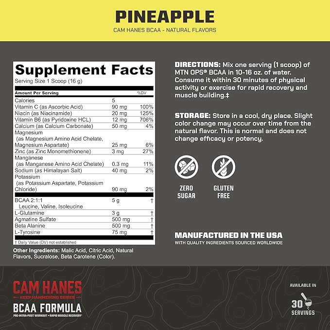 MTN OPS BCAA Powder 2:1:1 Amino Acids Supplement Powder for Rapid Muscle Recovery &amp Repair with Zero Sugar &amp Gluten Free - 30-Servings Pineapple Cameron Hanes Keep Hammering Series