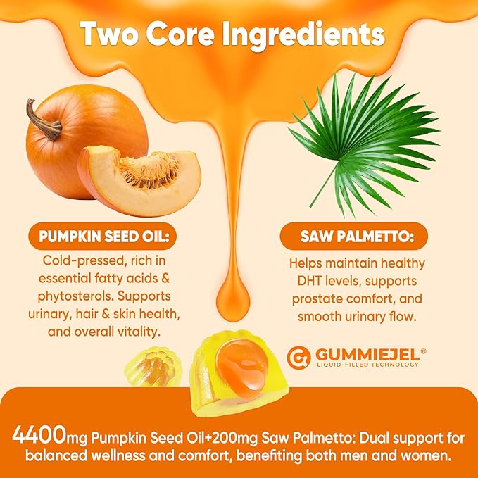 Pumpkin Seed Oil Gummies 4400mg with Saw Palmetto Cranberry Lycopene Vitamin E Zinc Cold Pressed Pure Virgin Pumpkin Seed Oil for Hair Growth Skin Urinary Bladder &amp Prostate Health 60 Co