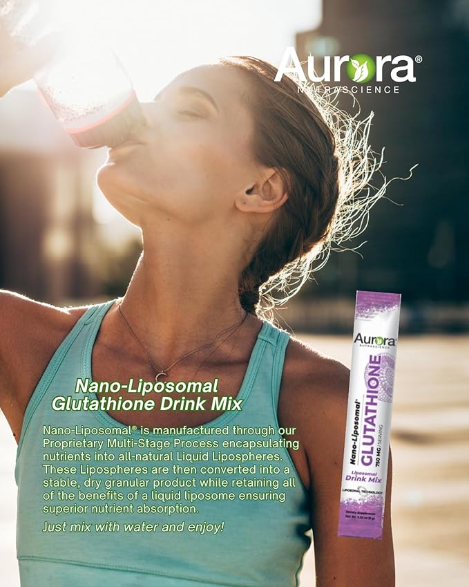 Aurora Nutrascience Nano-Liposomal Glutathione Drink Mix - 750 mg Liposomal Glutathione Supplement Antioxidant &amp Immune Support for Men &amp Women Sugar-Free Non-GMO - 30 Single Serve Packets