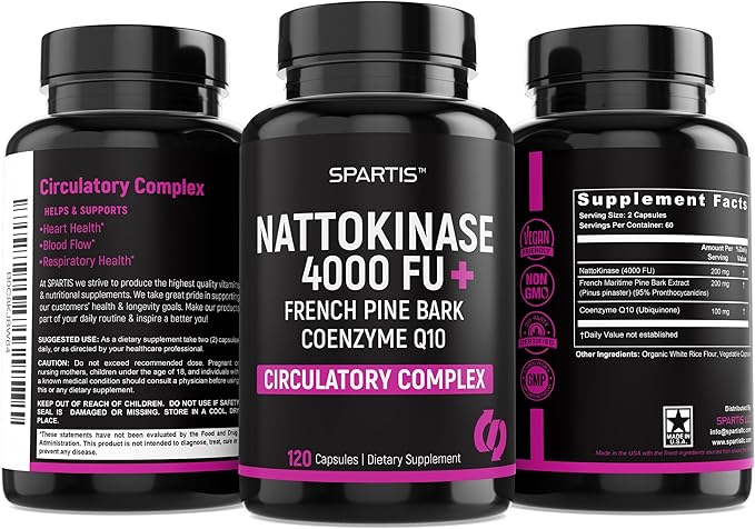 SPARTIS Nattokinase Supplement 4000 FU CoQ10 100mg French Maritime Pine Bark Extract 200mg with Enzymes for Circulatory &amp Cardiovascular Support (Pack of 1 at 120-Caps)