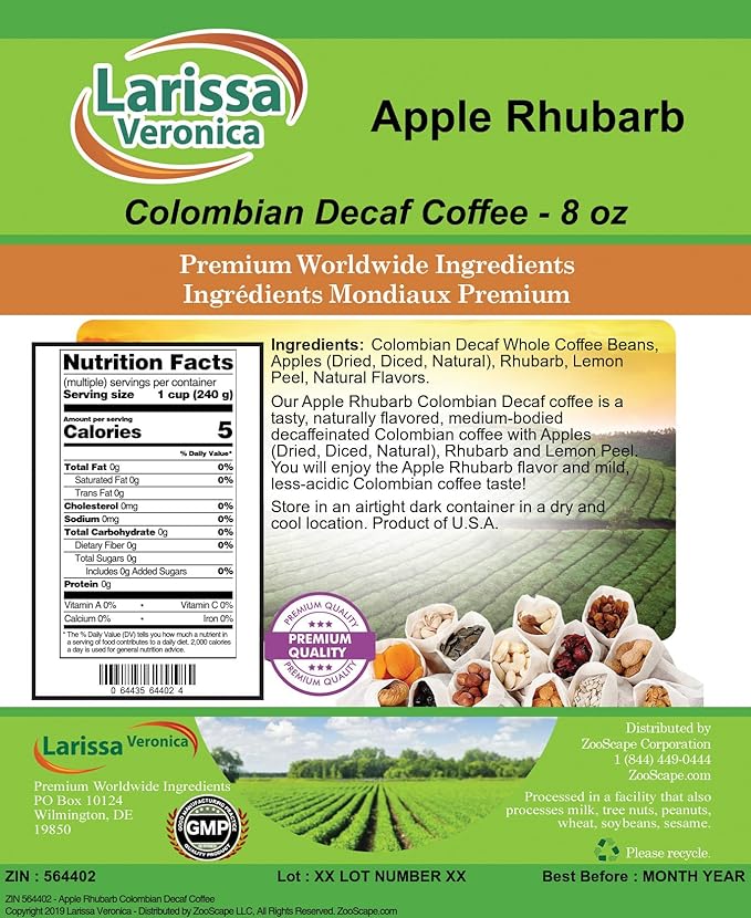 Apple Rhubarb Colombian Decaf Coffee (Gourmet Naturally Flavored Whole Coffee Beans) (8 oz ZIN: 564402)