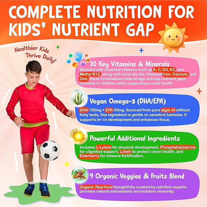 Kids Multivitamin Gummies - Vitamins A D3 K2 Methylated B-Complex with Omega-3 Iron for Immune &amp Development Support - Organic Mixed-Berry Flavor Multivitamins for Kids Daily - Sugar Free &amp