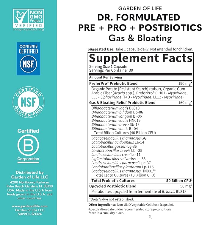 Garden of Life Dr. Formulated Pre Post &amp Probiotics Gas &amp Bloating Once Daily 3-in-1 Complete Prebiotics Postbiotics &amp Probiotics – 50 Billion CFU Non-GMO Gluten-Free 30 Day Supply (
