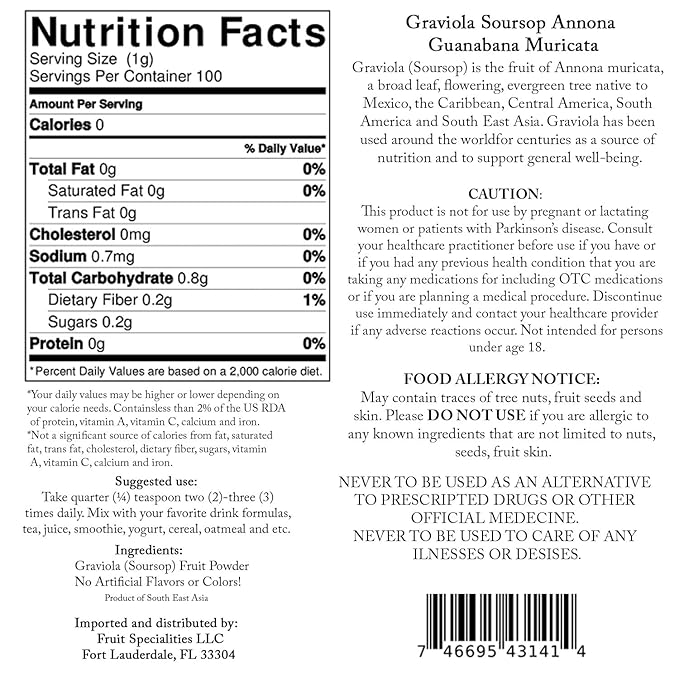 Graviola (Soursop) Organic Fruit Powder All-Natural Pure Graviola Fruit Powder Annona Muricata Guanabana (3.52 oz)
