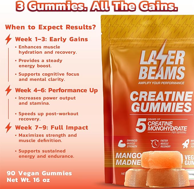 Creatine Monohydrate Gummies for Women &amp Men - 5g Creapure Creatine per Serving - Vegan Mango Flavor - Boost Muscle Strength Endurance Recovery &amp Mental Focus (90 Gummies)