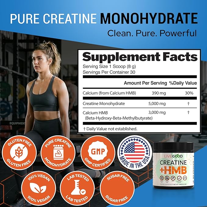LIVEGOOD Creatine Monohydrate with HMB for Lean Muscle Growth &amp Recovery – HMB Creatine Powder for Men and Women – Unflavored Creatine 30 Servings