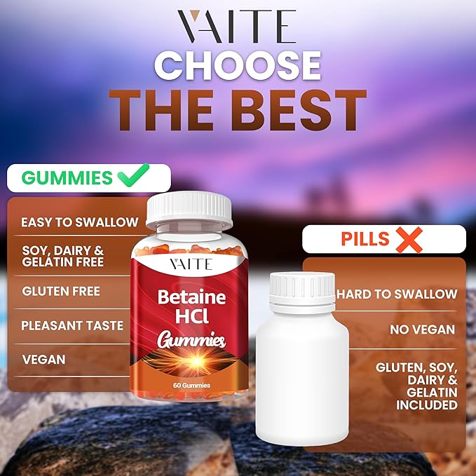 VAITE Betaine HCL Supplement 1000 mg Gummies – Digestive Support – Supports Digestion &amp Nutrient Breakdown – Non-GMO Vegan Gluten-Free – for Adults Seeking Daily Digestive Support – 60 Gummies