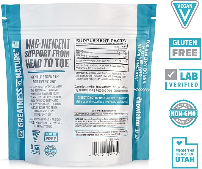 Zhou Mag Gly Gummies - Magnesium Glycinate Gummies for Women &amp Men Cellular Energy Support Muscle &amp Nerve Function Support Vegan Gluten Free Natural Fruit Punch Flavor - 50 Count