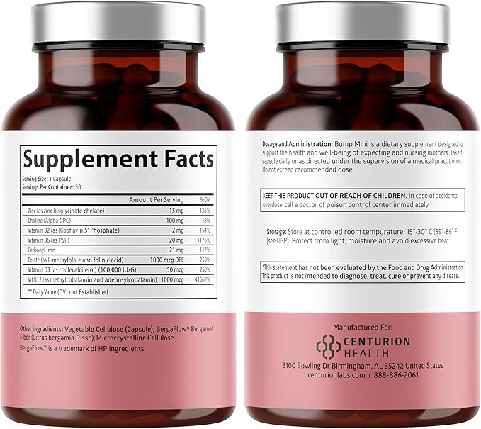 Centurion Health Bump Mini Complete Prenatal Vitamins for Women with Folate Choline Carbonyl Iron Zinc Vitamin D3 and Vitamin B12 for Fetal Development and Pregnancy Support 30 Caps