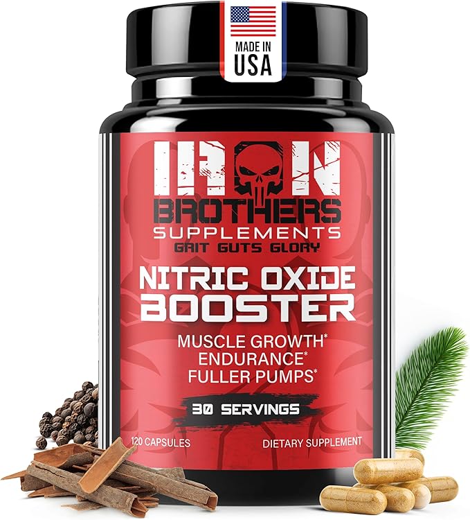 Iron Brothers Nitric Oxide Supplement for Men &amp Women | Pre-Workout Nitric Oxide Booster for Enhanced Muscle Pump Blood Flow &amp Endurance | L-Arginine L-Citrulline Pine Bark Extract | 120 Ve