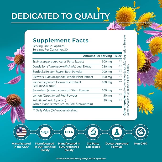 PUREHEALTH RESEARCH Lymph System Support - Lymphatic Drainage Supplement for Women &amp Men - Bromelain Echinacea Dandelion Burdock Root Lemon Powder Kelp Cleavers &amp More - 180 Capsules