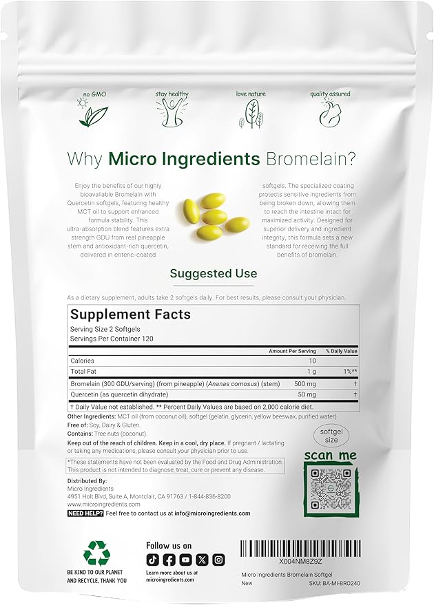 Bromelain 500mg with Quercetin &amp MCT Oil 240 Enteric Coated Softgels | Ultra Absorption Bromelain Supplement | Natural Digestive Enzymes for Digestion &amp Joint Health | Non-GMO Gluten Free
