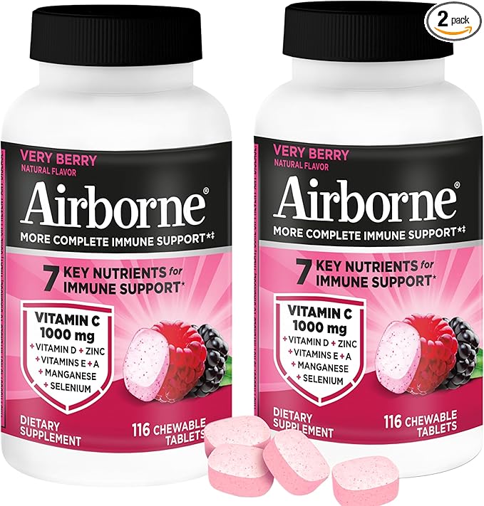 Airborne 1000mg Vitamin C + Zinc Immune Support Supplement Chewable Tablets Powerful Antioxidants Vitamins A C &amp E 116 Chewable Tablets Very Berry Flavor (2 Pack)