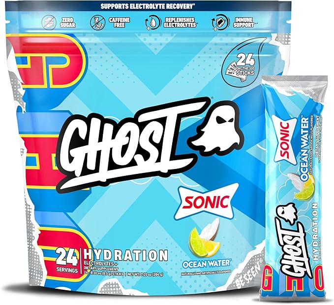 GHOST Hydration Packets Sonic Ocean Water 24 Sticks Electrolyte Powder - Drink Mix Supplement with Magnesium Potassium Calcium Vitamin C - Vegan Free of Soy Sugar &amp Gluten