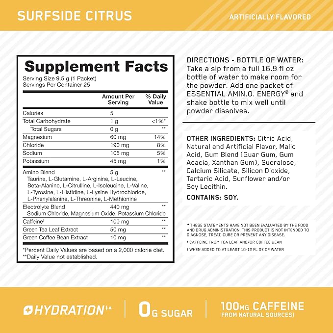 Optimum Nutrition Amino Energy Plus Hydration Packets On-The-Go Caffiene Stick Packs Surfside Citrus 25 Count