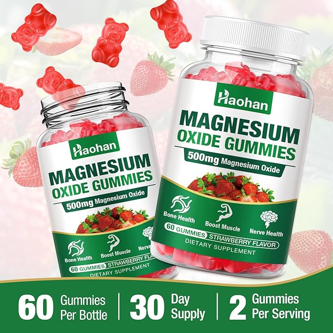 Magnesium Oxide Gummies 500mg - Strawberry Flavor Chewable Supplement for Adults &amp Kids with Nerve &amp Muscle Support - Vegan Non-GMO 120 Count