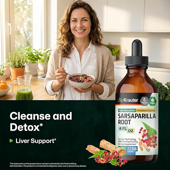 BIO KRAUTER® Sarsaparilla Root for Liver Support - Vegan &amp Pure Liver Supplement for Cleanse 680 mg per Serving - Natural Sarsaparilla Extract - 4 Fl.Oz 56-Day Supply Alcohol &amp Sugar Free