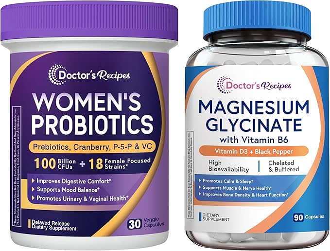 Doctor's Recipes Women's Probiotic 100 Billion CFU 30 Capsules and Magnesium Glycinate 420mg with Vitamin B6 &amp D3
