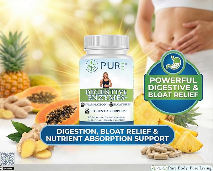 PURE® Digestive Enzymes+ with Probiotics - 60 Capsules - Advanced Gut Health &amp Bloat Relief - Full Spectrum Enzyme Blend for Protein Carb &amp Fat Digestion - Made in USA