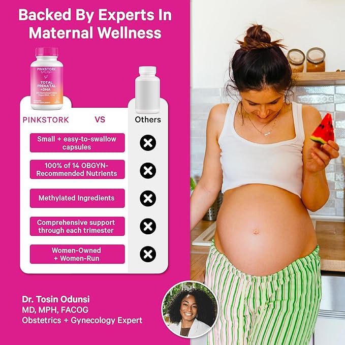 Pink Stork Total Prenatal Vitamins for Women | DHA Folate Iron Choline &amp Vitamin B12 | Preconception Nutrition | Prenatals for Women Pregnancy Essentials | Doctor Formulated 60 Count Mint