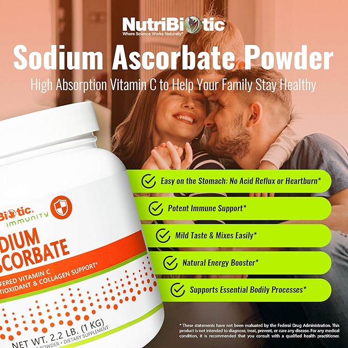 NutriBiotic - Sodium Ascorbate Buffered Vitamin C Powder 2.2 Lb | Vegan Non-Acidic &amp Easier on Digestion Than Ascorbic Acid | Essential Immune Support &amp Antioxidant Supplement | Gluten &amp