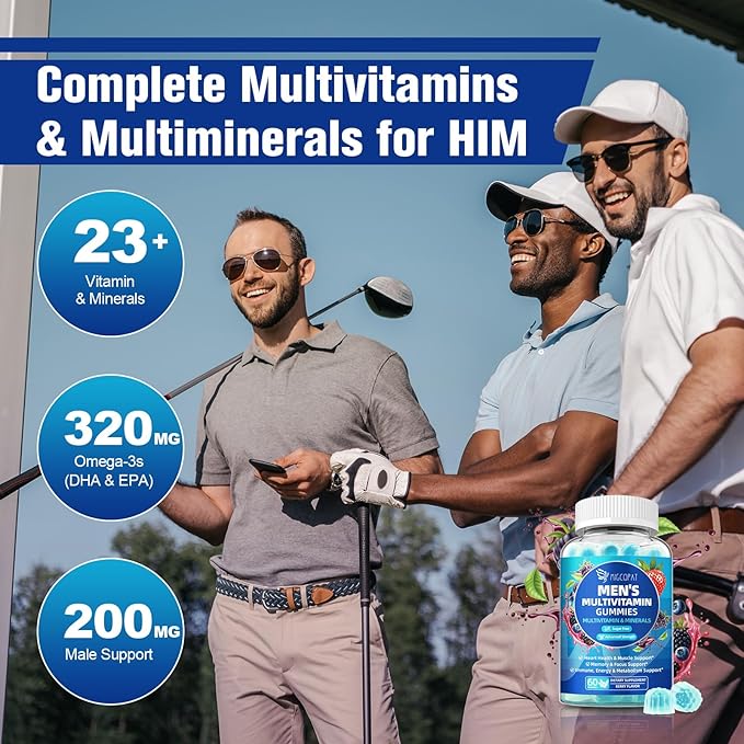 Multivitamin for Men Mens Multivitamins Gummies w/Omega-3 Probiotics Inositol Folate Biotin Zinc Vitamins A C D E B Support Heart Brain Muscle Energy Sugar-Free Berry Flavor