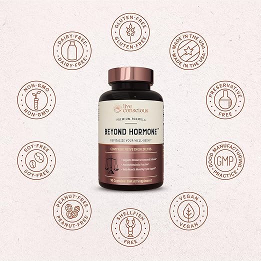 Live Conscious Beyond Hormone Daily Menopause &amp PMS Supplement - Metabolism Support &amp Healthy Estrogen Balance for Women - Berberine DIM Chaste Tree Berry Maca Root Myo &amp D-Chiro-Inosi