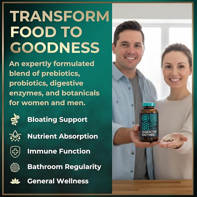 Digestive Enzymes for Women and Men with Probiotics and Prebiotics - Vegan Digestive Enzyme Blend - Bloating Support Gut Health &amp Digestion Supplement with Artichoke Ginger Turmeric - 180 Capsule