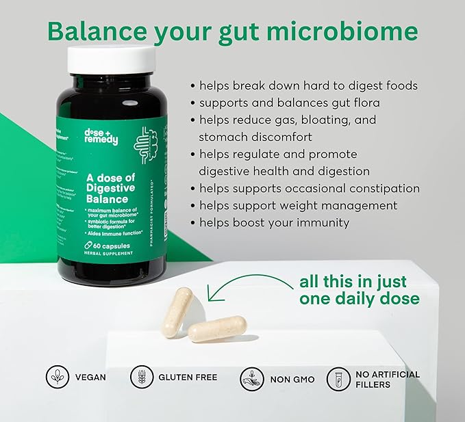 A dose of Digestive Balance-Gut Health Supplement-USDA-Kombucha 7 Probiotic Strains and Prebiotics for Microbiome-Digestive Enzymes for Digestion-Bloating Relief for Women and Men (60 Count)