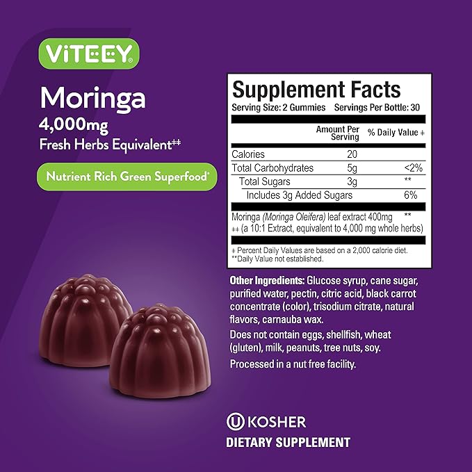Viteey Moringa Gummies - 4000mg [from 400mg of 10:1 Extract] of Moringa Supplement Super Greens Gummies - Antioxidant Wellness and Digestive Support - Vegan Gluten Free - 120 Count
