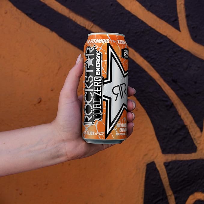Rockstar Pure Zero Energy Drink Mandarin Orange 0 sugar with Caffeine and Taurine 16oz (Pack of 24) (Packaging May Vary)