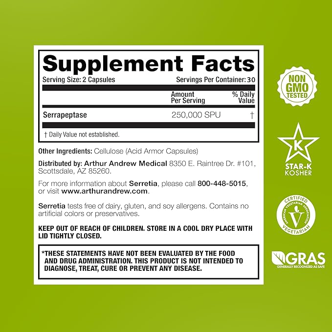 Arthur Andrew Medical Serretia Serrapeptase Formula for Muscle and Sinus Support 180 Capsules