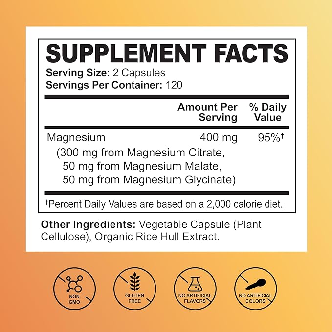 Triple Magnesium Complex Supplement – 400mg with Citrate Malate &amp Glycinate – Complete Chelated Magnesium Blend for Women &amp Men – 60 Days of Daily Multi Magnesium Nutrition – 120 Capsules