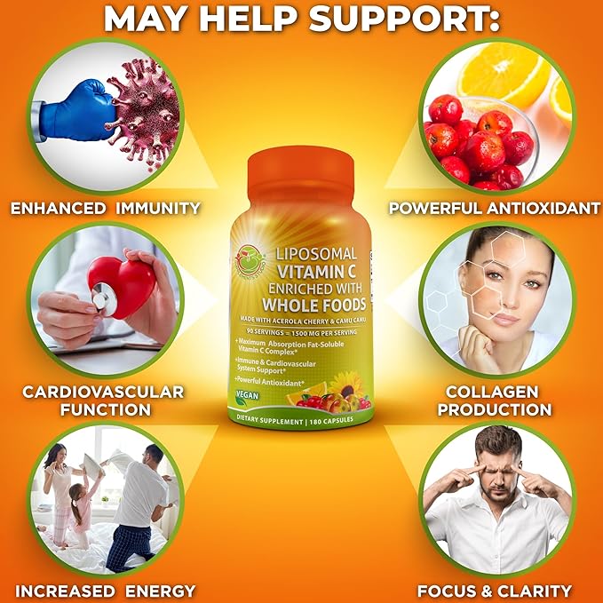 Liposomal Vitamin C Capsules - 1500mg - Made with Organic Acerola Cherries &amp Camu Camu High Potency Vitamin C Liposomal - Immune Support Supplement Enhanced Absorption &amp Bioavailability - 18